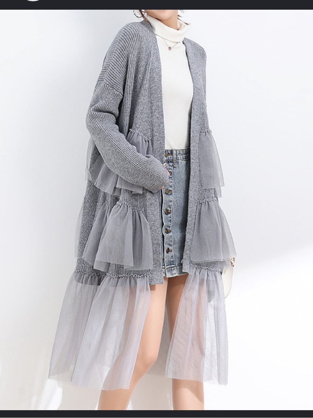 Gray Tulle Panel Duster Cardigan Open Front Lightweight Longline One Size